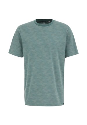 Lyhythihainen T-paita hillityssä teal-värissä, jossa on teksturoitu, raidallinen kuvio. Ominaisuuksina on pyöreä pääntie ja normaali istuvuus.