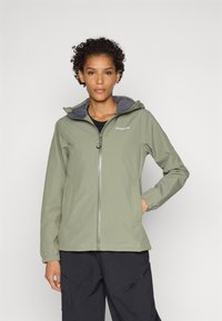 Light olive green waterproof jacket with a zip front, elastic cuffs, and a gray hood lining. Features a logo on the left chest.