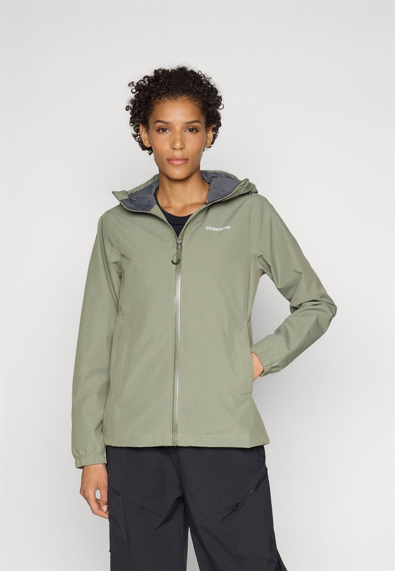Light olive green waterproof jacket with a zip front, elastic cuffs, and a gray hood lining. Features a logo on the left chest.