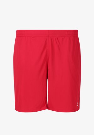 Røde herre sportsshorts med elastisk talje og lille hvidt logo nær kanten på højre ben.
