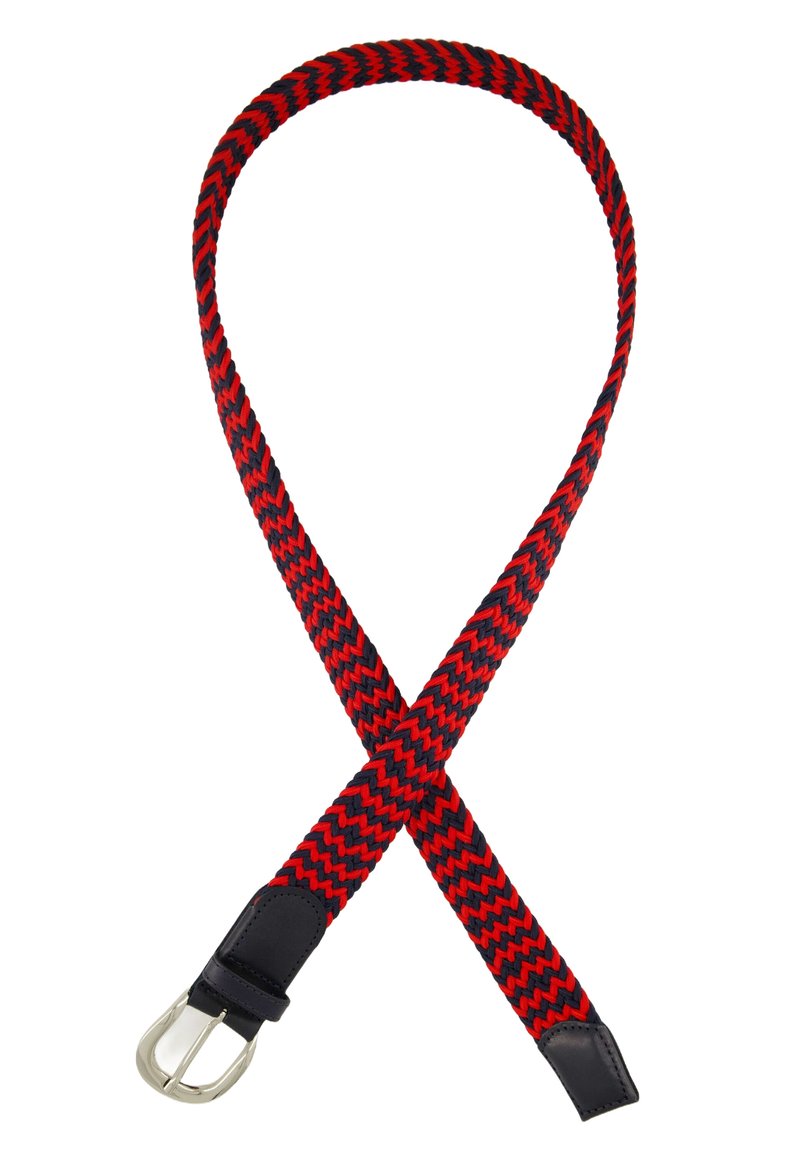 Woven belt featuring a red and black zigzag pattern, with leather accents and a silver metal buckle. Flexible and durable design.