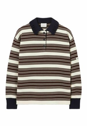Pull-over rayé avec un col marine, présentant des rayures horizontales marron foncé et crème, conçu avec une patte de boutonnage à trois boutons.