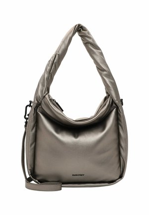 Sac à main en cuir souple gris métallique avec poignée torsadée, fermeture éclair et bandoulière amovible.