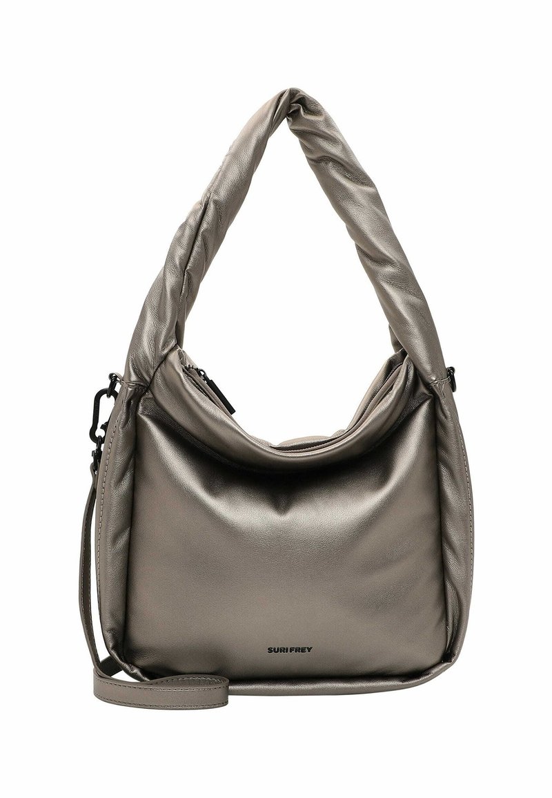 Sac à main en cuir souple gris métallique avec poignée torsadée, fermeture éclair et bandoulière amovible.