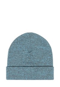 Blue and gray knit beanie with a folded cuff, featuring a textured fabric and a subtle pattern throughout.