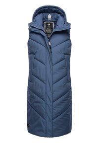 Modra podložena brezrokavnik s kapuco, z žičnato zasnovo, sprednjim zadrgo, dvema stranskima žepoma in logotipom na robu. Mehka tekstura.