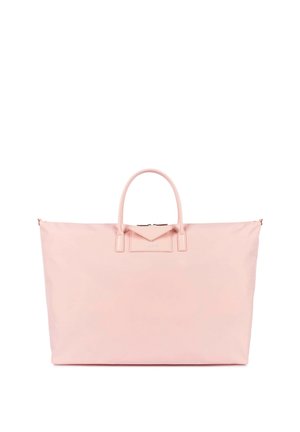 Grand sac cabas rose pâle doux avec doubles poignées et petite poche à rabat avant, sur fond blanc.