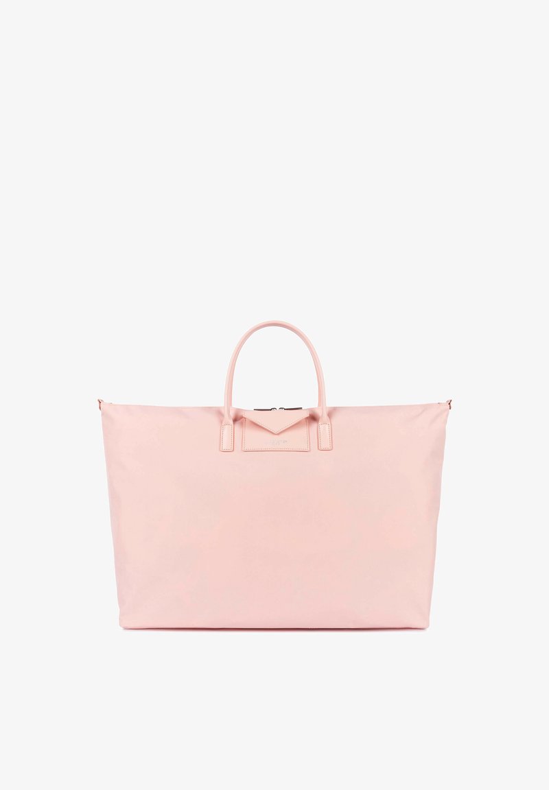 Grand sac cabas rose pâle doux avec doubles poignées et petite poche à rabat avant, sur fond blanc.