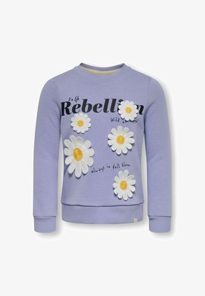 Lilla sweatshirt med store hvide og gule margueritter og sort tekst med ordene "so off Rebellion wild at heart always in full bloom."