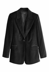 Černý sametový blazer s upraveným designem, klopovými límci, dvěma předními kapsami a zapínáním na jeden knoflík. Hladká textura a strukturovaný tvar.