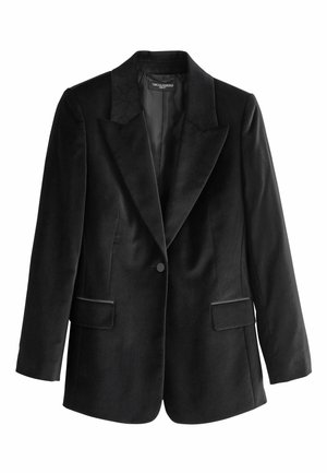 Černý sametový blazer s upraveným designem, klopovými límci, dvěma předními kapsami a zapínáním na jeden knoflík. Hladká textura a strukturovaný tvar.