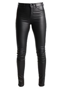Pantaloni in ecopelle neri a vita alta, slim-fit, con chiusura a bottoni e zip, tasche anteriori e posteriori, e dettagli cuciti.