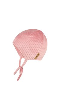 Pink ribbed baby hat with ear flaps and tied straps, featuring a small brown brand tag on the side.