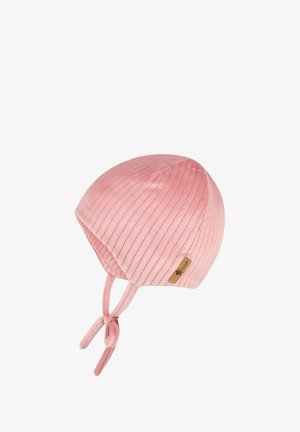 Pink ribbed baby hat with ear flaps and tied straps, featuring a small brown brand tag on the side.