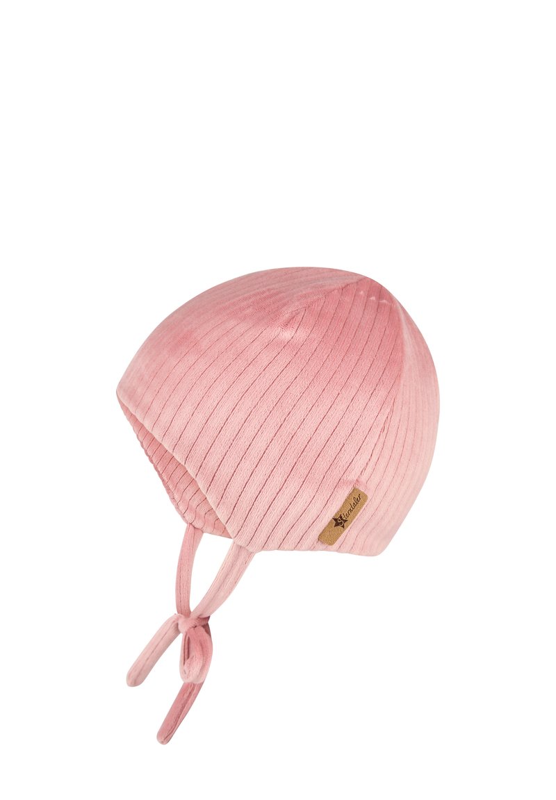 Pink ribbed baby hat with ear flaps and tied straps, featuring a small brown brand tag on the side.