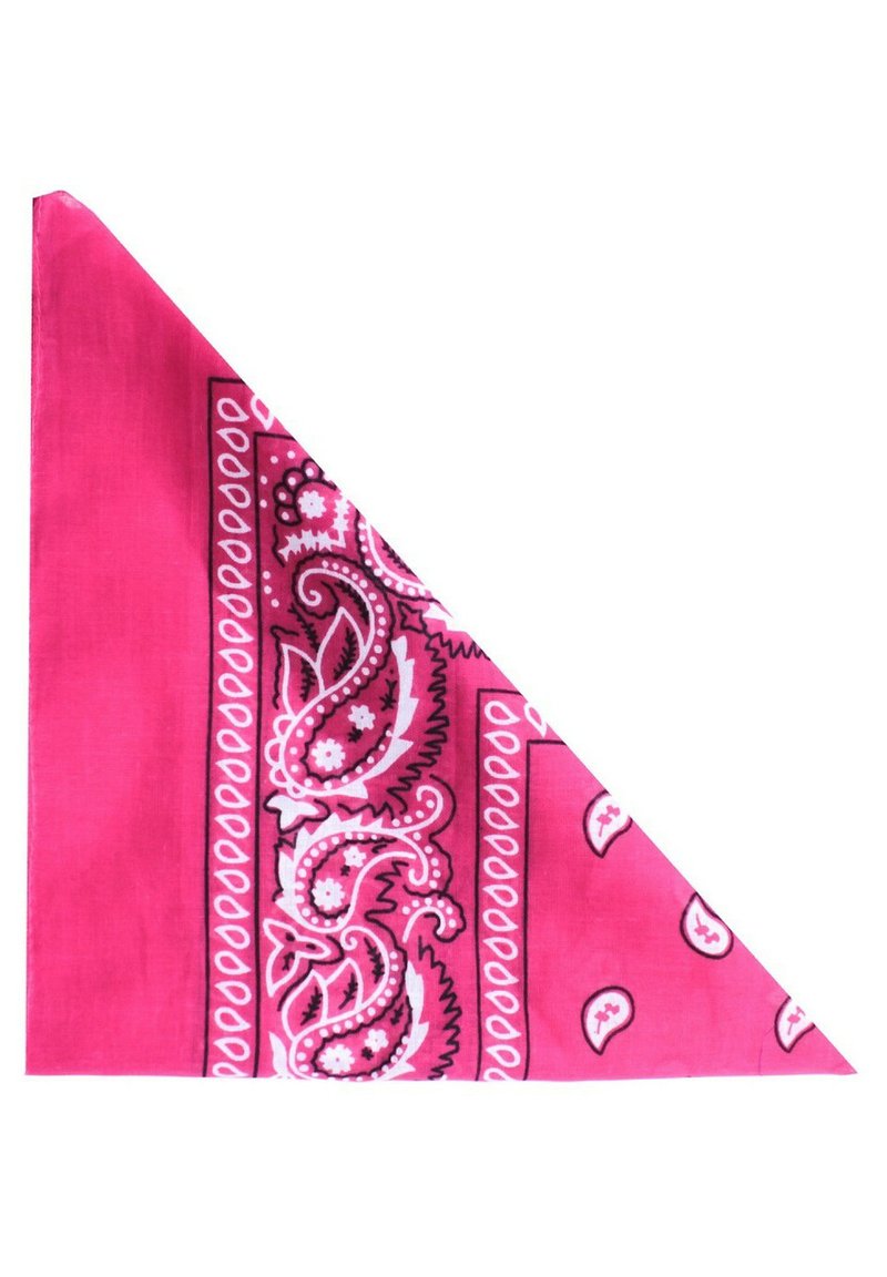 Un bandana rose avec un motif paisley en blanc et noir, présentant des bords décoratifs. Fabriqué en tissu léger et doux, de forme triangulaire.