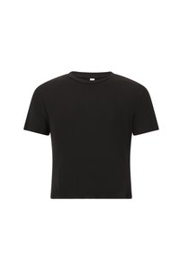 Schwarzes, geripptes T-Shirt mit kurzen Ärmeln, Rundhalsausschnitt und lockerer Passform, aus weichem, strukturiertem Stoff gefertigt. Keine sichtbaren Logos oder Muster.