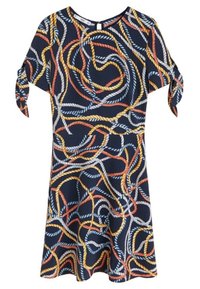 Námořnické šaty s provazovým vzorem v bílé, žluté a červené barvě. Mají krátké rukávy se šňůrkami a kulatý výstřih. Hladká textilie.