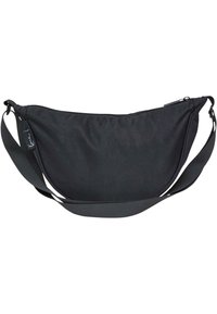 Borsa a spalla nera in tessuto con design curvo, chiusura a zip e tracolla regolabile. Texture liscia con accenti minimalisti.