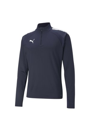 Marineblauwe pullover met lange mouwen en een rits tot een kwart, witte accenten en een klein wit logo op de borst. Gemaakt van gladde, ademende stof.