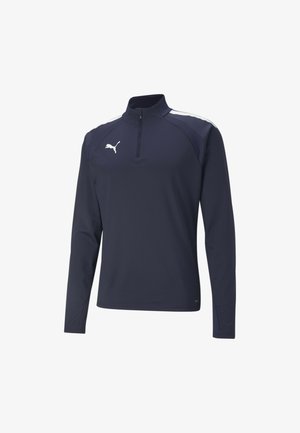Marineblauer Langarm-Pullover mit einem Viertel-Reißverschluss, weißen Akzenten und einem kleinen weißen Logo auf der Brust. Hergestellt aus glattem, atmungsaktivem Material.