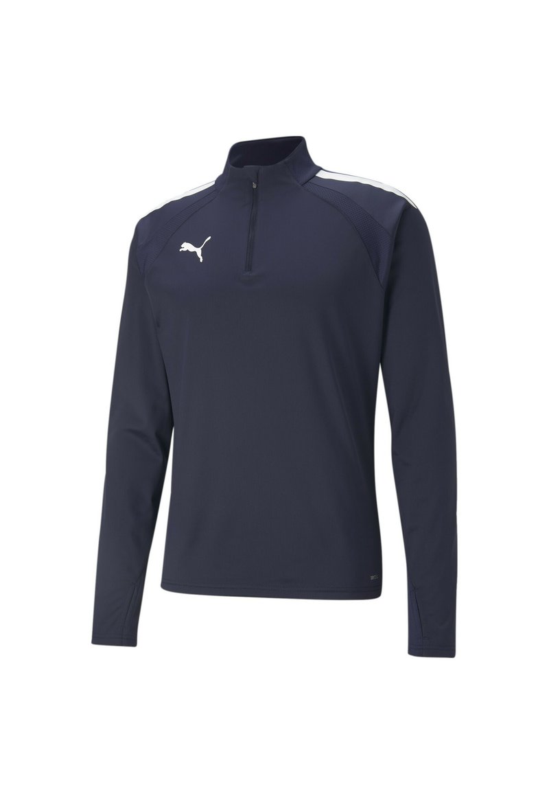 Pullover navy a maniche lunghe con zip quarti, accenti bianchi e un piccolo logo bianco sul petto. Realizzato in tessuto liscio e traspirante.