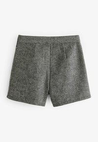 Grå hundtandsmönstrade shorts med skräddarsydd design, rak front med veck och fållade kanter, tillverkade av ett strukturerat vävt tyg.