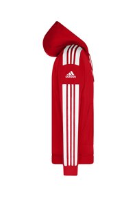 Sweat à capuche Adidas rouge avec trois bandes blanches sur la manche, logo Adidas sur le haut du bras, poche avant et capuche visibles en vue latérale.