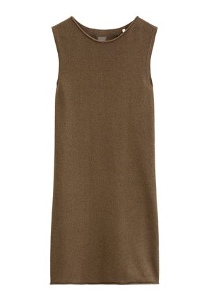 Ärmelloses, knielanges, braunes Strickkleid mit rundem Ausschnitt und schlichter, gerader Silhouette.