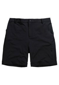 Shorts noirs en tissu léger et durable. Dotés d'une poche zippée sur le côté, d'un bouton de fermeture et de revers. Design simple et fonctionnel.