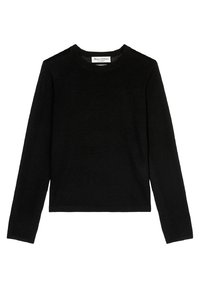 Zwart shirt met lange mouwen gemaakt van zachte stof, met een ronde halslijn en een rechte snit, eenvoudig ontwerp zonder opvallende patronen of accenten.