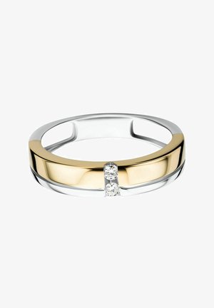 Anello bicolore con una lucente band in oro e una base elegante in argento, arricchito da tre piccoli gemelli trasparenti al centro.