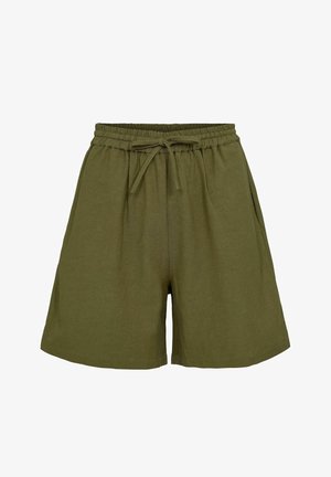 Olivově zelené bavlněné šortky s elastickým pasem a šňůrkou, volného střihu s dvěma bočními kapsami.