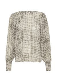 Blouse à manches longues en tissu léger et texturé, présentant un motif à carreaux gris et blanc et un lien au dos du cou.