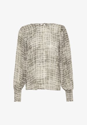 Naiste pika varrukaga pluus, halli ja valge abstraktse ruudumustriga, kortsuliste mansettidega ning kaelusega tagant paelaga seotav lõhikuga.