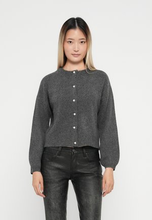 Gray button-up cardigan with a round neckline, long sleeves, and pearl-like buttons, made from a soft, textured fabric.