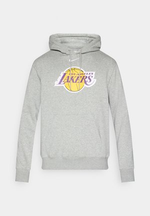 Szara bluza z kapturem z dużym logo "Los Angeles Lakers" w kolorach fioletowym i żółtym, z kieszenią typu kangur i regulowanym kapturem ze sznurkiem.