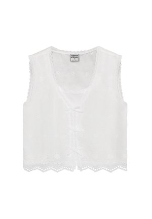 Weißes ärmelloses Oberteil mit floraler Stickerei, geschwungenem Saum und Spitzenbesatz mit Schleifenakzenten. Hergestellt aus leichtem, atmungsaktivem Stoff.