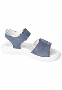 Blaue Ledersandalen mit einer weißen Gummisohle, ausgestattet mit zwei verstellbaren Riemen und dekorativen Nähten im Obermaterial.