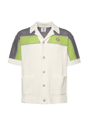 Cárdigan corto de punto de manga corta con bloques de color blanco, gris y verde lima, cierre de botones en la parte delantera, dos bolsillos y cuello.