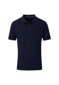Dunkelblaues Polohemd aus glattem Baumwollstoff, mit einem gerippten Kragen, einer Knopfleiste mit drei Knöpfen und kurzen Ärmeln mit sauber verarbeiteten Säumen.