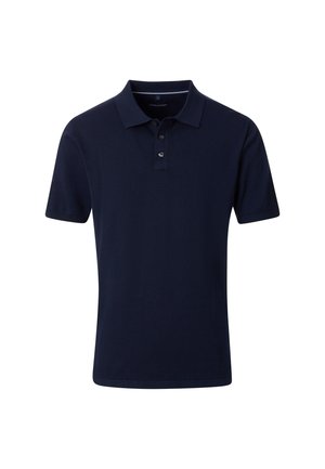 Dunkelblaues Polohemd aus glattem Baumwollstoff, mit einem gerippten Kragen, einer Knopfleiste mit drei Knöpfen und kurzen Ärmeln mit sauber verarbeiteten Säumen.