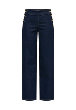 Mørkeblå jeans med vide ben og høy midje, med tre gullknapper på hver side nær livlinningen og synlige sømmer.