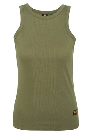 Ærmeløs olivengrøn ribstrikket tanktop med rund halsudskæring og lille sort og gul G-Star RAW-logo patch nær kanten.