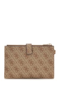 Braune Geldbörse mit Muster und strukturierter Oberfläche, die ein Diamantmotiv aufweist und mit einem Reißverschluss geschlossen wird. Enthält einen magnetischen Druckknopf und ein Seitenfach.