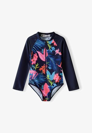 Bañador de manga larga con base azul marino y un vibrante patrón floral en rosa, verde y azul, con cierre frontal de cremallera.