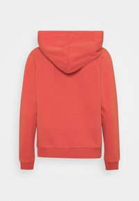 Sudadera con capucha en color coral, con una textura suave, puños y dobladillo de canalé, con un diseño simple y sin marcas visibles en la parte posterior.