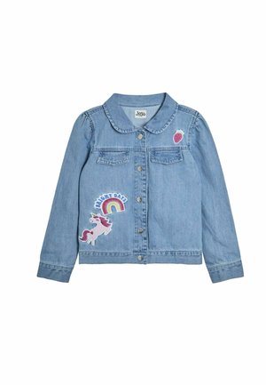 Denim-takki, vaaleansininen, jossa on kaulus, etutaskut ja brodeeratut kuvat yksisarvisesta, sateenkaaresta ja mansikkakorostuksesta.