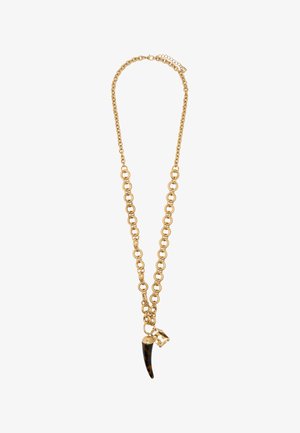 Złoty naszyjnik z dużym łańcuszkiem, ozdobiony błyszczącym zawieszką w kształcie skorupy żółwia i małym charmem w kształcie kłódki.