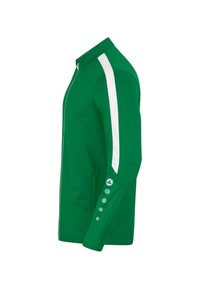 Groene jas met een hoge kraag, witte zijstreep en een gestructureerde stof. Opvallende details zijn vijf groene knopen op de mouwen.